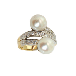 Perlenring aus 585 Gelb- und Weißgold mit Brillant, nachhaltiger second hand Schmuck perfekt aufgearbeitet