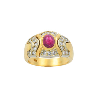 Rubinring aus 750 Gelb- und Weißgold mit Brillant, nachhaltiger second hand Schmuck perfekt aufgearbeitet