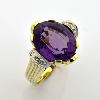 Ring aus 585 Gelb- und Weißgold mit Amethyst und Diamant, nachhaltiger second hand Schmuck perfekt aufgearbeitet
