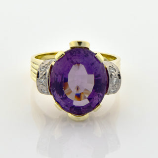 Ring aus 585 Gelb- und Weißgold mit Amethyst und Diamant, nachhaltiger second hand Schmuck perfekt aufgearbeitet