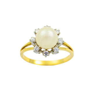 Perlenring aus 585 Gelb- und Weißgold mit Brillant, nachhaltiger second hand Schmuck perfekt aufgearbeitet