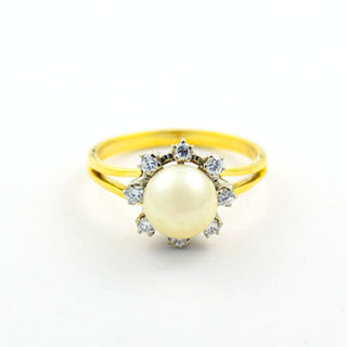Perlenring aus 585 Gelb- und Weißgold mit Brillant, nachhaltiger second hand Schmuck perfekt aufgearbeitet