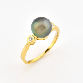 Perlenring aus 750 Gelb- und Weißgold mit Brillant, nachhaltiger second hand Schmuck perfekt aufgearbeitet