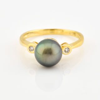 Perlenring aus 750 Gelb- und Weißgold mit Brillant, nachhaltiger second hand Schmuck perfekt aufgearbeitet