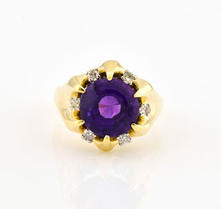 Ring aus 585 Gelbgold mit Amethyst und Diamant, nachhaltiger second hand Schmuck perfekt aufgearbeitet