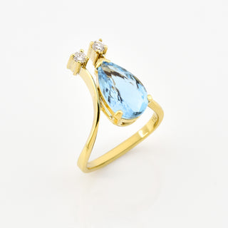 Ring aus 750 Gelbgold mit Aquamarin und Brillant, nachhaltiger second hand Schmuck perfekt aufgearbeitet