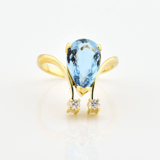 Ring aus 750 Gelbgold mit Aquamarin und Brillant, nachhaltiger second hand Schmuck perfekt aufgearbeitet