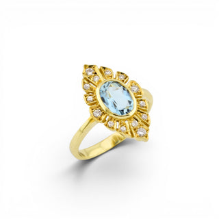 Ring aus 585 Gelbgold mit Aquamarin und Brillant, nachhaltiger second-hand Schmuck perfekt aufgearbeitet