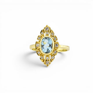 Ring aus 585 Gelbgold mit Aquamarin und Brillant, nachhaltiger second-hand Schmuck perfekt aufgearbeitet