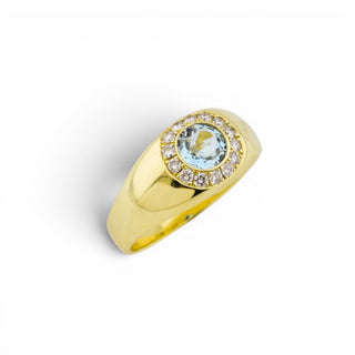 Ring aus 585 Gelbgold mit Aquamarin und Brillant, nachhaltiger second-hand Schmuck perfekt aufgearbeitet