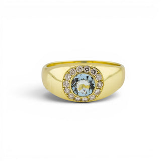 Ring aus 585 Gelbgold mit Aquamarin und Brillant, nachhaltiger second-hand Schmuck perfekt aufgearbeitet