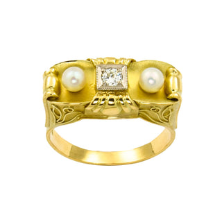 Perlenring aus 585 Gelbgold mit Brillant, nachhaltiger second hand Schmuck perfekt aufgearbeitet