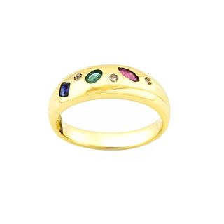 Ring aus 585 Gelbgold mit Diamant, Rubin und Smaragd, nachhaltiger second hand Schmuck perfekt aufgearbeitet