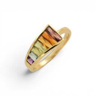 Ring aus 585 Gelbgold mit Granat, Citrin und Peridot, nachhaltiger second-hand Schmuck perfekt aufgearbeitet