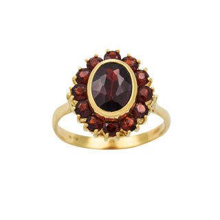 Granatring aus 750 Gelbgold, nachhaltiger second hand Schmuck perfekt aufgearbeitet