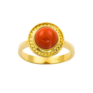 Ring aus 585 Gelbgold mit Koralle, nachhaltiger second hand Schmuck perfekt aufgearbeitet
