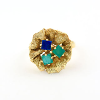 Ring aus 585 Gelbgold mit Lapislazuli, Türkis und Chrysopras, nachhaltiger second hand Schmuck perfekt aufgearbeitet