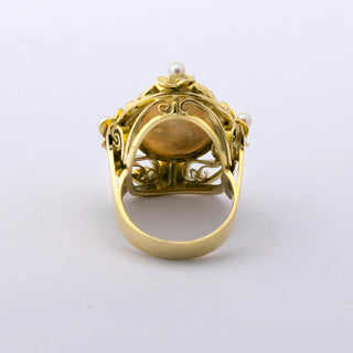 Ring aus 585 Gelbgold mit Opal und Perle, hochwertiger second hand Schmuck perfekt aufgearbeitet