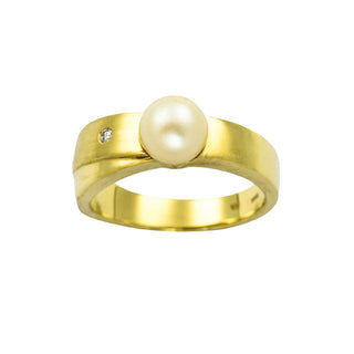 Perlenring aus 585 Gelbgold mit Brillant, nachhaltiger second hand Schmuck perfekt aufgearbeitet