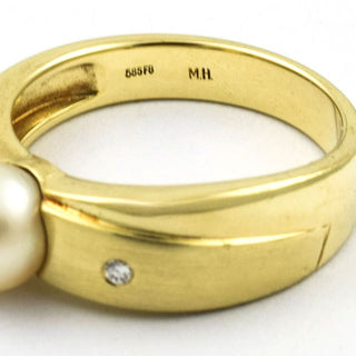 Perlenring aus 585 Gelbgold mit Brillant, nachhaltiger second hand Schmuck perfekt aufgearbeitet