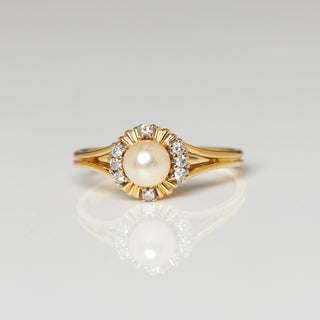 Perlenring aus 750 Gelbgold mit Brillant, nachhaltiger second hand Schmuck perfekt aufgearbeitet