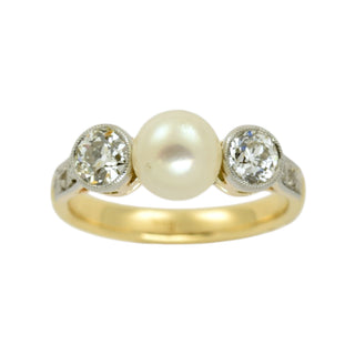 Perlenring aus 750 Gelbgold mit Brillant und Diamant, nachhaltiger second-hand Schmuck perfekt aufgearbeitet