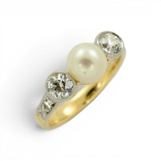 Perlenring aus 750 Gelbgold mit Brillant und Diamant, nachhaltiger second-hand Schmuck perfekt aufgearbeitet