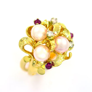 Perlenring aus 585 Gelbgold mit Brillant und Rubin, nachhaltiger second hand Schmuck perfekt aufgearbeitet