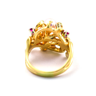 Perlenring aus 585 Gelbgold mit Brillant und Rubin, nachhaltiger second hand Schmuck perfekt aufgearbeitet