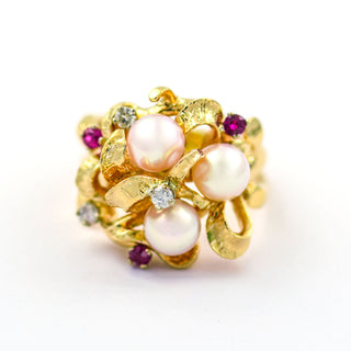 Perlenring aus 585 Gelbgold mit Brillant und Rubin, nachhaltiger second hand Schmuck perfekt aufgearbeitet