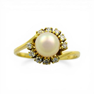 Perlenring aus 585 Gelbgold mit Diamant, nachhaltiger second hand Schmuck perfekt aufgearbeitet