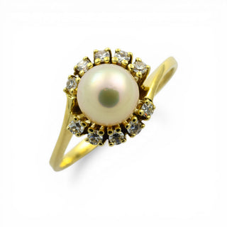 Perlenring aus 585 Gelbgold mit Diamant, nachhaltiger second hand Schmuck perfekt aufgearbeitet