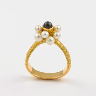 Ring aus 750 Gelbgold mit Perle und Turmalin, hochwertiger second hand Schmuck perfekt aufgearbeitet