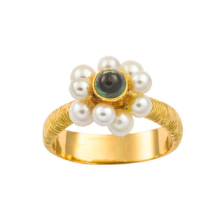Ring aus 750 Gelbgold mit Perle und Turmalin, hochwertiger second hand Schmuck perfekt aufgearbeitet
