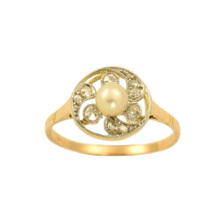 Perlenring aus 585 Gelbgold/Platin mit Diamant, nachhaltiger second-hand Schmuck perfekt aufgearbeitet