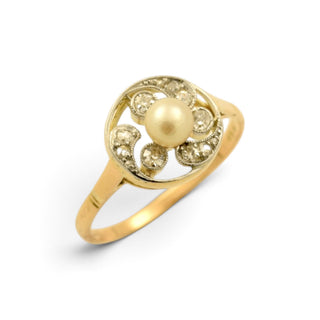 Perlenring aus 585 Gelbgold/Platin mit Diamant, nachhaltiger second-hand Schmuck perfekt aufgearbeitet