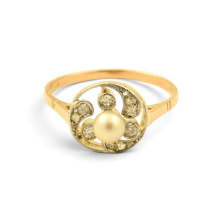 Perlenring aus 585 Gelbgold/Platin mit Diamant, nachhaltiger second-hand Schmuck perfekt aufgearbeitet