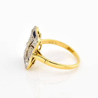 Saphirring aus 585 Gelbgold/Platin mit Brillant und Diamant, nachhaltiger second hand Schmuck perfekt aufgearbeitet