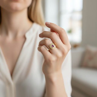Rubinring aus 585 Gelbgold mit Diamant, nachhaltiger second-hand Schmuck perfekt aufgearbeitet