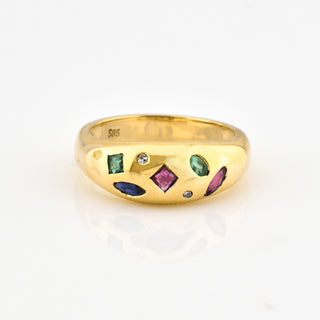 Rubinring aus 585 Gelbgold mit Saphir und Smaragd, nachhaltiger second hand Schmuck perfekt aufgearbeitet