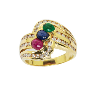 Rubinring aus 585 Gelbgold mit Saphir und Smaragd, nachhaltiger second hand Schmuck perfekt aufgearbeitet