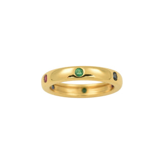 Saphirring aus 750 Gelbgold mit Rubin und Smaragd, nachhaltiger second-hand Schmuck perfekt aufgearbeitet