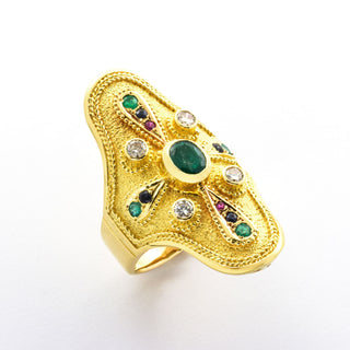 Smaragdring aus 750 Gelbgold mit Saphir und Rubin, nachhaltiger second hand Schmuck perfekt aufgearbeitet