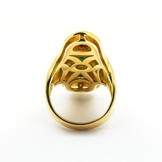 Smaragdring aus 750 Gelbgold mit Saphir und Rubin, nachhaltiger second hand Schmuck perfekt aufgearbeitet