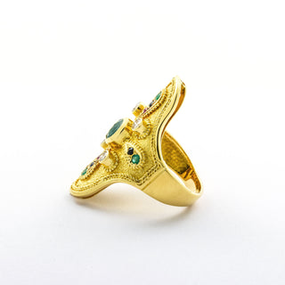 Smaragdring aus 750 Gelbgold mit Saphir und Rubin, nachhaltiger second hand Schmuck perfekt aufgearbeitet