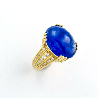 Ring aus 585 Gelbgold mit Tansanit und Brillant, nachhaltiger second hand Schmuck perfekt aufgearbeitet