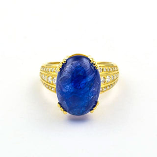 Ring aus 585 Gelbgold mit Tansanit und Brillant, nachhaltiger second hand Schmuck perfekt aufgearbeitet
