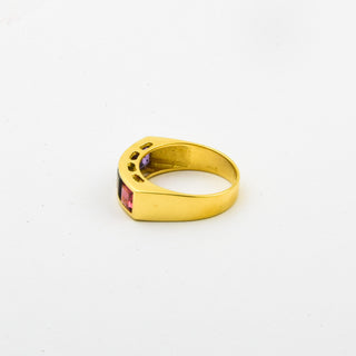 Ring aus 750 Gelbgold mit Turmalin, Granat und Amethyst, nachhaltiger second hand Schmuck perfekt aufgearbeitet
