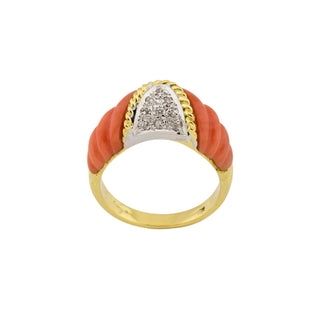 Korallenring aus 750 Gelb- und Weißgold mit Diamant, nachhaltiger second-hand Schmuck perfekt aufgearbeitet