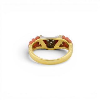 Korallenring aus 750 Gelb- und Weißgold mit Diamant, nachhaltiger second-hand Schmuck perfekt aufgearbeitet